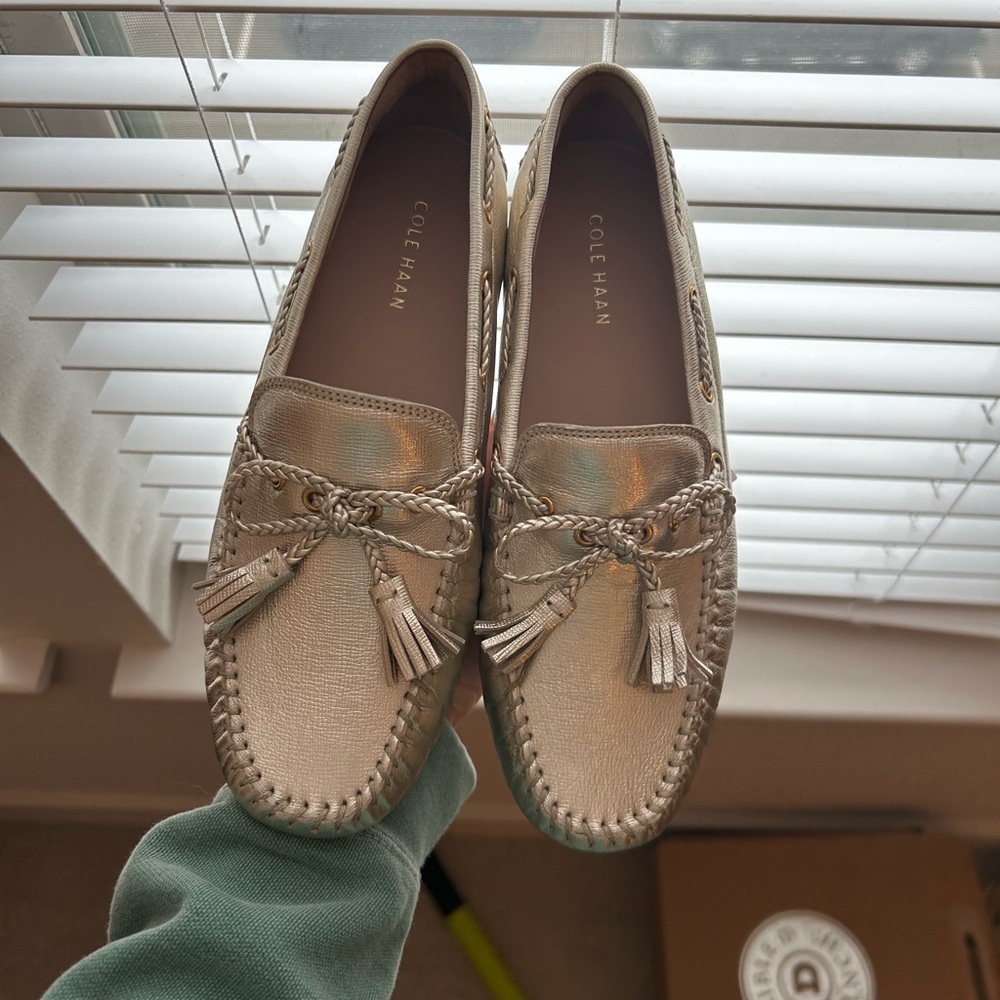 Never Worn Cole Haan Metallic Taupe Tassel Driving Loafers